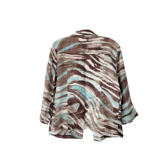 Chico's Women's Brown & Blue Abstract Animal Print Open Front Lightweight Jacket - Picture 2 of 4